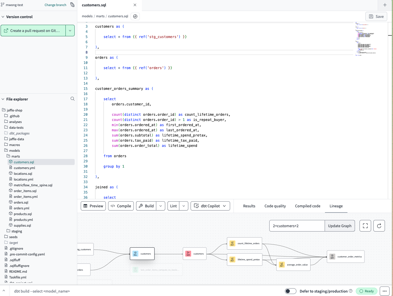 The dbt Cloud IDE includes version control,files/folders, an editor, a command/console, and more.